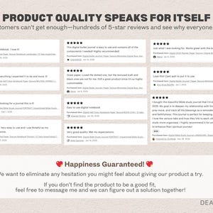 May include: Image showcasing customer reviews with five-star ratings. The text reads "Product Quality Speaks for Itself" and "Happiness Guaranteed!" with a call to action to contact the seller for any issues. The background is a light beige color.