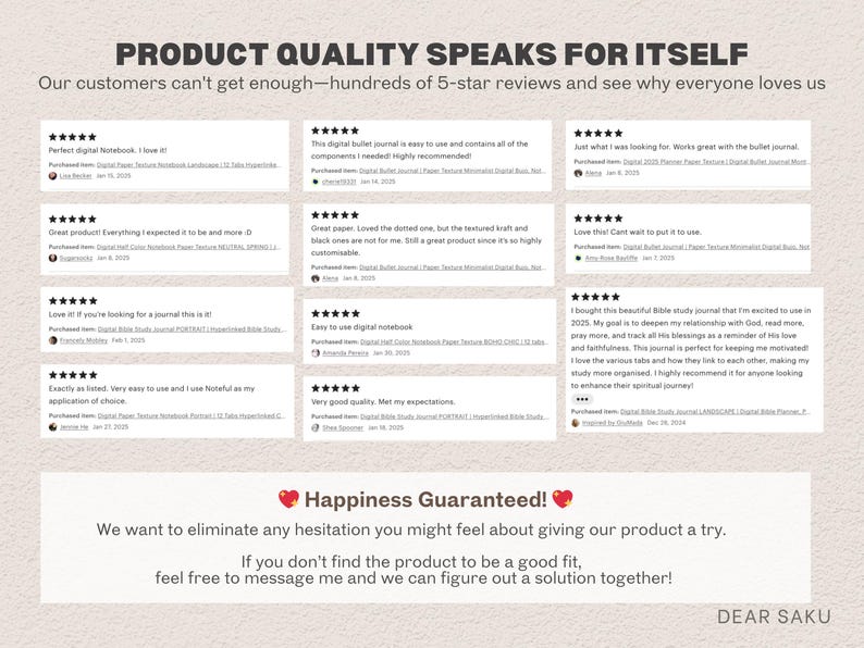 May include: Image showcasing customer reviews with five-star ratings. The text reads "Product Quality Speaks for Itself" and "Happiness Guaranteed!" with a call to action to contact the seller for any issues. The background is a light beige color.