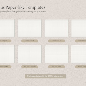 May include: An image showcasing various paper-like templates, including grid, Cornell grid, half grid, and 4-grid options. The text reads "Various Paper-like Templates" and "Choose any template that you wish as many as you want." The image displayed is the GREEN tabs version.
