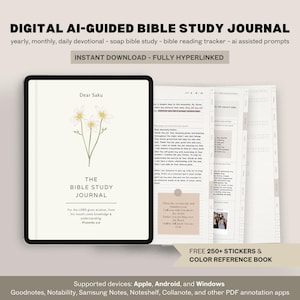 Puede incluir: Un diario digital de estudio bíblico con el texto "DIGITAL AI-GUIDED BIBLE STUDY JOURNAL". El diario incluye indicaciones y un rastreador de lectura bíblica. La portada presenta ilustraciones florales y el texto "THE BIBLE STUDY JOURNAL". Incluye pegatinas y un libro de referencia de color.