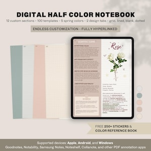 May include: Digital notebook with 12 custom sections, 100 templates, 5 spring colors, and 2 design tabs. The notebook is shown open to a page with a scientific illustration of a rose and text about its properties. The notebook is compatible with Apple, Android, and Windows devices.