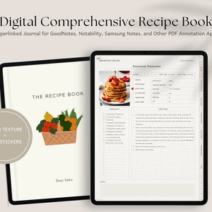 Op de afbeelding: Een digitaal receptenboek met een witte achtergrond en een illustratie van een mand met fruit. Het boek is open op een pagina met een recept voor havermoutpannenkoeken. Het recept bevat een foto van de pannenkoeken, een lijst met ingrediënten en instructies.