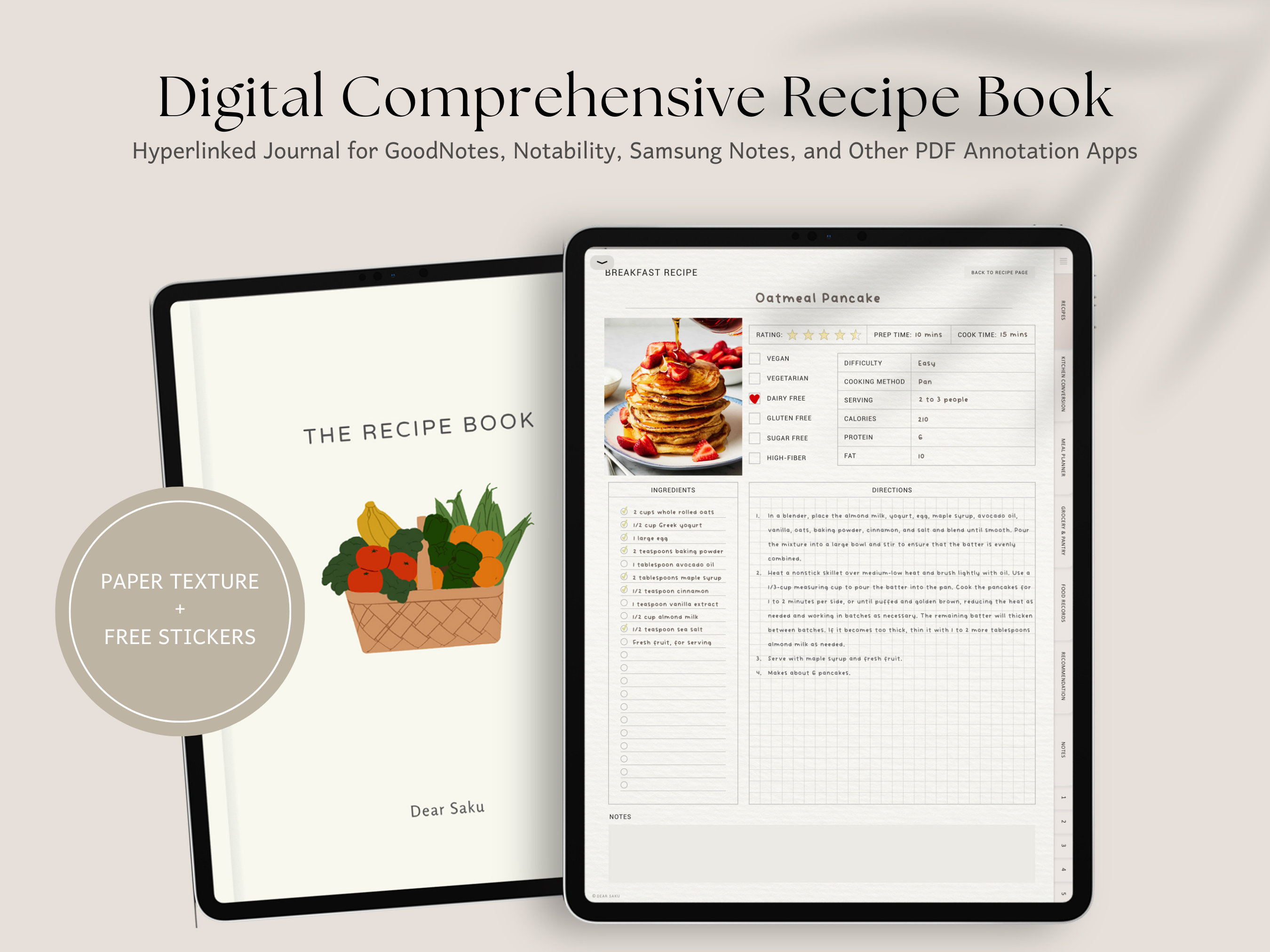 Digital Recipe Book PDF | Aesthetic Hyperlinked Cookbook | Soft Paper ...