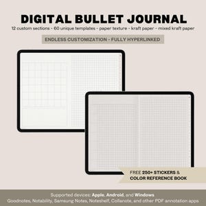以下が含まれることがあります： 12のカスタムセクションと60のユニークなテンプレートを備えたデジタルバレットジャーナル。ジャーナルはタブレットの画面に表示され、グリッドパターンが特徴です。画像の下部には「FREE 250+ STICKERS & COLOR REFERENCE BOOK」というテキストが表示されています。