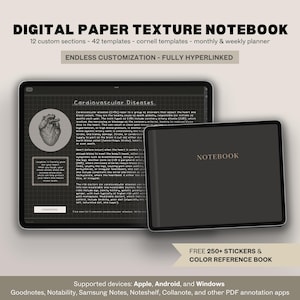 May include: A digital notebook with a digital paper texture, featuring 12 custom sections, 42 templates, and a monthly and weekly planner. The notebook is fully hyperlinked and customizable. The image also includes a free sticker and colour reference book.
