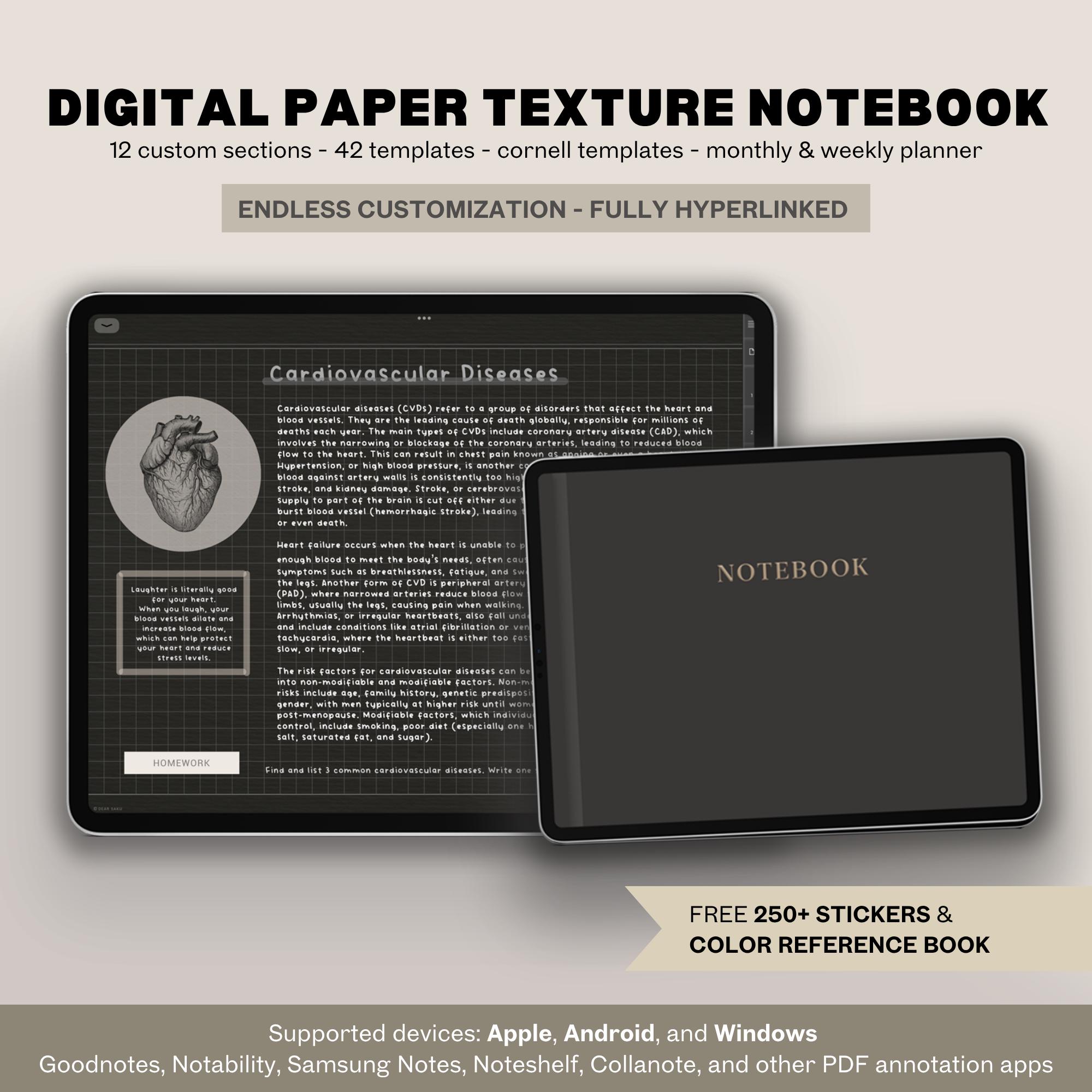Digital Paper Texture Notebook Landscape Dark Night Mode | 12 tabs Hyperlink Cornell Journal GoodNotes Samsung Notes Notability iPad Android