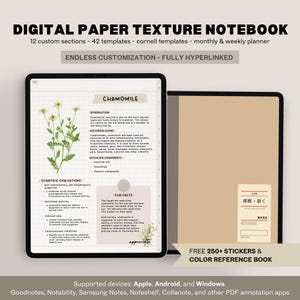 Digital Paper Texture Notebook Portrait | 12 Tabs Hyperlinked Cornell Templates Note Taking GoodNotes Samsung Notes Notability iPad Android