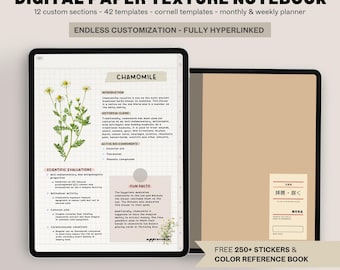 Digital Paper Texture Notebook Portrait | 12 Tabs Hyperlinked Cornell Templates Note Taking GoodNotes Samsung Notes Notability iPad Android