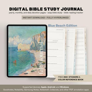 May include: Digital Bible Study Journal, Blue Beach Edition, with a landscape painting cover. The image shows a tablet with the journal open, alongside pages with prompts. Includes stickers and a color reference book. Compatible with Apple, Android, and Windows devices.