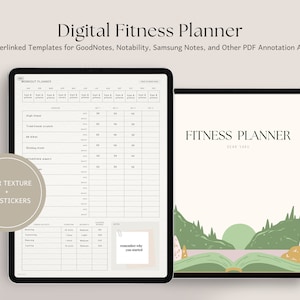 May include: Digital fitness planner with hyperlinked templates for GoodNotes, Notability, Samsung Notes, and other PDF annotation apps. The planner includes a workout planner, a section for tracking calories, and a motivational quote that says "remember why you started".