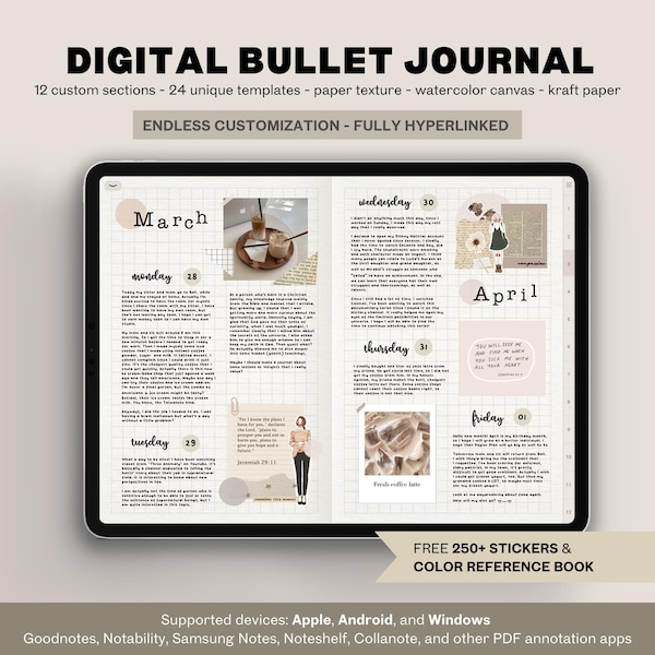 Digital Bullet Journal | Paper Texture Minimalist Digital Bujo, Notebook, Journal for GoodNotes Samsung Notes Notability for iPad Android