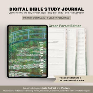 May include: A digital Bible study journal with a green forest theme. The cover features a painting of a bridge over a pond with water lilies. The journal includes yearly, monthly, and daily devotion pages, as well as a bible reading tracker. It is fully hyperlinked and includes 250+ stickers and a colour reference book.