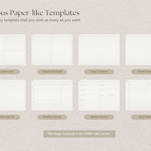 May include: An image showcasing various paper-like templates for planning. The templates include 4-column grid, column grid blank, lined, Cornell lined, monthly, weekly, and daily planner layouts. The text reads "Various Paper-like Templates" and "Choose any template that you wish as many as you want."