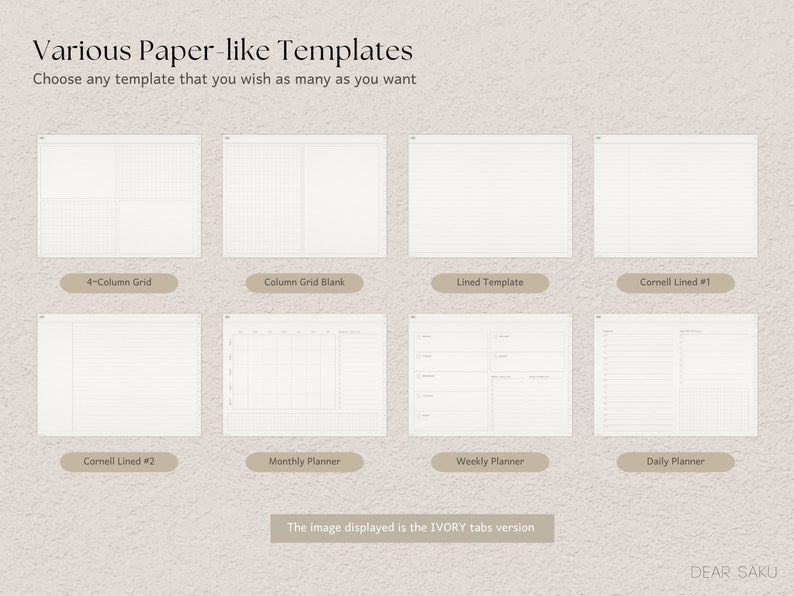 May include: An image showcasing various paper-like templates for planning. The templates include 4-column grid, column grid blank, lined, Cornell lined, monthly, weekly, and daily planner layouts. The text reads "Various Paper-like Templates" and "Choose any template that you wish as many as you want."