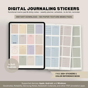 Op de afbeelding: Een afbeelding met digitale journaling stickers. De afbeelding toont een tablet met kleurrijke memo's en plaknotities, samen met extra afgedrukte vellen. Tekst bevat "DIGITAL JOURNALING STICKERS" en "INSTANT DOWNLOAD - 160 PAPER TEXTURE MEMO PADS."
