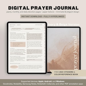 Op de afbeelding: Digitaal gebedsdagboek met jaarlijkse, maandelijkse en dagelijkse devotiepagina's. De afbeelding toont een digitale tablet met een pagina met tekst en een journaalcover met de woorden "prayer journal". De tekst op de tablet luidt "Daily Prayer" en "January 1".