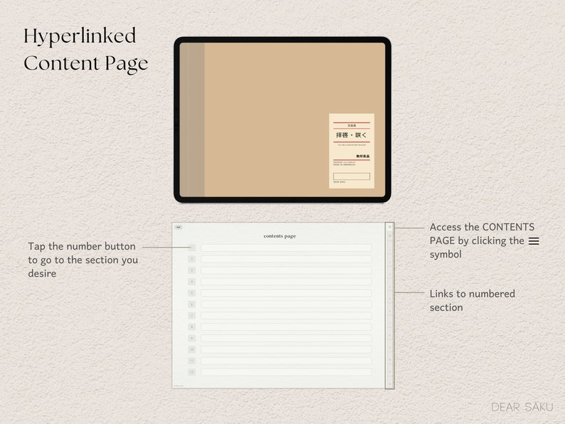 May include: A digital content page with a tan background and the text "Hyperlinked Content Page." The image shows a tablet with a tan-colored screen and a smaller window below with numbered sections and the text "contents page."