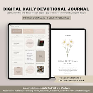 May include: Digital daily devotional journal with a paper texture design. The journal includes yearly, monthly, and daily devotion pages. The cover features a floral illustration with the text "Dear Saku" and "Daily Devotional Journal". The journal is fully hyperlinked and includes 250+ stickers and a colour reference book.