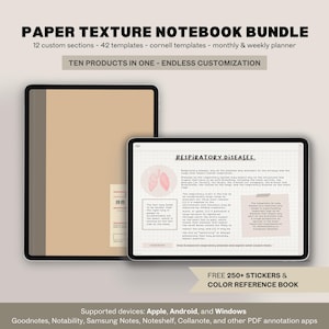 May include: A digital notebook bundle with a paper texture background. The bundle includes 12 custom sections, 42 templates, Cornell templates, and monthly and weekly planners. The image shows a preview of a page with the title "Respiratory Diseases" and a diagram of the lungs. The text "TEN PRODUCTS IN ONE - ENDLESS CUSTOMIZATION" is at the top of the image. The text "FREE 250+ STICKERS & COLOR REFERENCE BOOK" is at the bottom of the image. The text "Supported devices: Apple, Android, and Windows" is below the text about the stickers. The text "Goodnotes, Notability, Samsung Notes, Noteshelf, Collanote, and other PDF annotation apps" is at the bottom of the image.