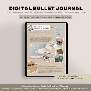 以下が含まれることがあります： タブレットに表示されたデジタルバレットジャーナル。画面には、テキスト、画像、ステッカーが配置されたジャーナルページが表示されています。テキストには「Bali & Little Breaths of Wellness」と書かれています。「ENDLESS CUSTOMIZATION - FULLY HYPERLINKED」と「FREE 250+ STICKERS & COLOR REFERENCE BOOK」も含まれています。