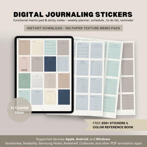 Peut inclure: Ensemble d'autocollants de journalisation numérique avec des blocs-notes et des pense-bêtes. L'image montre une tablette affichant les autocollants, ainsi que des feuilles imprimées. Le texte indique "DIGITAL JOURNALING STICKERS" et "INSTANT DOWNLOAD - 160 PAPER TEXTURE MEMO PADS".