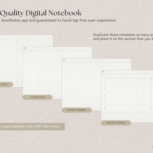 May include: Digital notebook templates in ivory, including 2 Columns Grid, Cornell Lined, Dotted Template, and Monthly Planner layouts. The image text says "High Quality Digital Notebook" and "Tested on GoodNotes app".