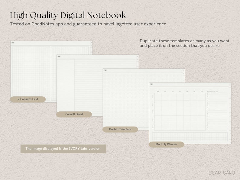 May include: Digital notebook templates in ivory, including 2 Columns Grid, Cornell Lined, Dotted Template, and Monthly Planner layouts. The image text says "High Quality Digital Notebook" and "Tested on GoodNotes app".