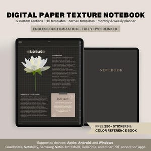 Quaderno digitale in modalità scura in formato PDF con texture cartacea / Diario minimalista orizzontale Cornell, a righe, punti e griglia per GoodNotes su iPad AndroidA
