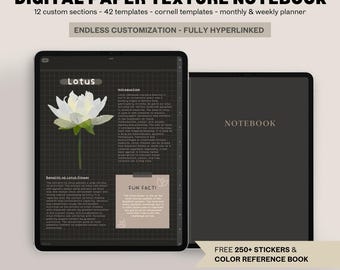 Digital Dark Mode Notebook PDF with Paper Texture | Landscape Minimalist Cornell, Lined, Dot & Grid Journal for GoodNotes on iPad AndroidA