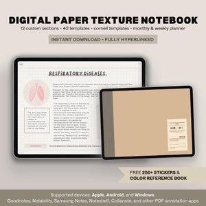 Digital Paper Texture Notebook Landscape | 12 Tabs Hyperlinked Cornell Templates Note Taking GoodNotes Samsung Notes Notability iPad Android