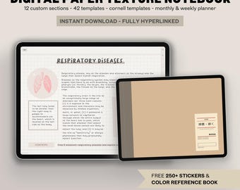 Digital Paper Texture Notebook Landscape | 12 Tabs Hyperlinked Cornell Templates Note Taking GoodNotes Samsung Notes Notability iPad Android