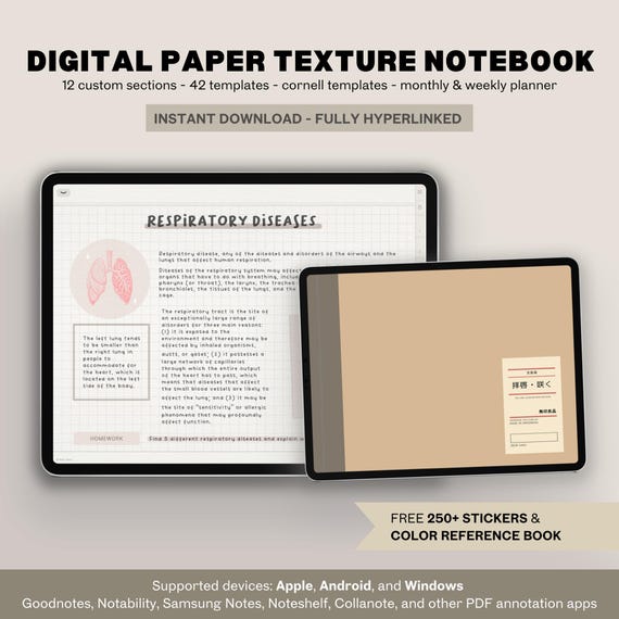 Digital Notebook PDF with Paper Texture | Landscape Minimalist Cornell, Lined, Dot & Grid Journal for GoodNotes iPad Samsung Notes Android