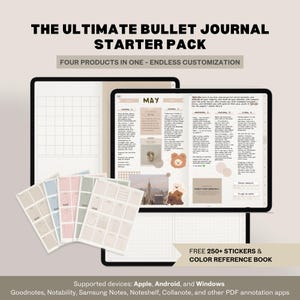 Op de afbeelding: Een digitale bullet journal starter pack met de tekst "THE ULTIMATE BULLET JOURNAL STARTER PACK". De afbeelding toont een tablet met een maandelijkse lay-out, stickers en een kleurenreferentieboek. De tekst "FOUR PRODUCTS IN ONE - ENDLESS CUSTOMIZATION" is ook zichtbaar.