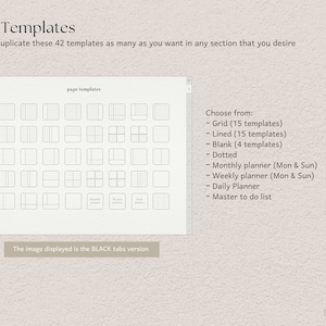 May include: A digital planner page template with various layouts, including grid, lined, and blank options. The image displays 42 templates, with options for monthly and weekly planners, and a master to-do list. Text on the image reads "Page Templates".