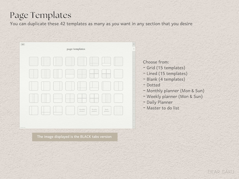May include: A digital planner page template with various layouts, including grid, lined, and blank options. The image displays 42 templates, with options for monthly and weekly planners, and a master to-do list. Text on the image reads "Page Templates".