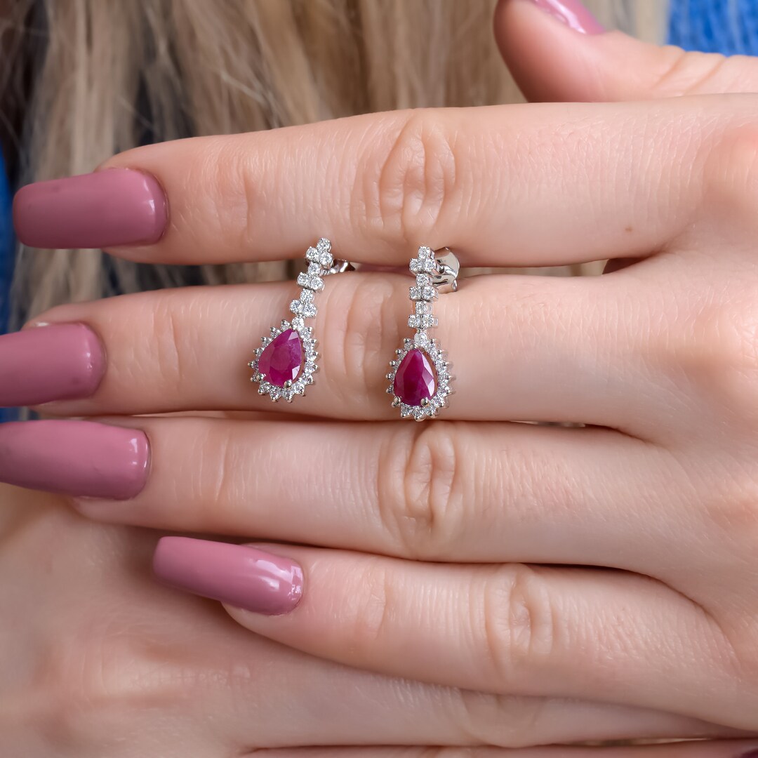 Diamond Ruby Earring Pear Ruby Special Earring 14k Matchless Etsy