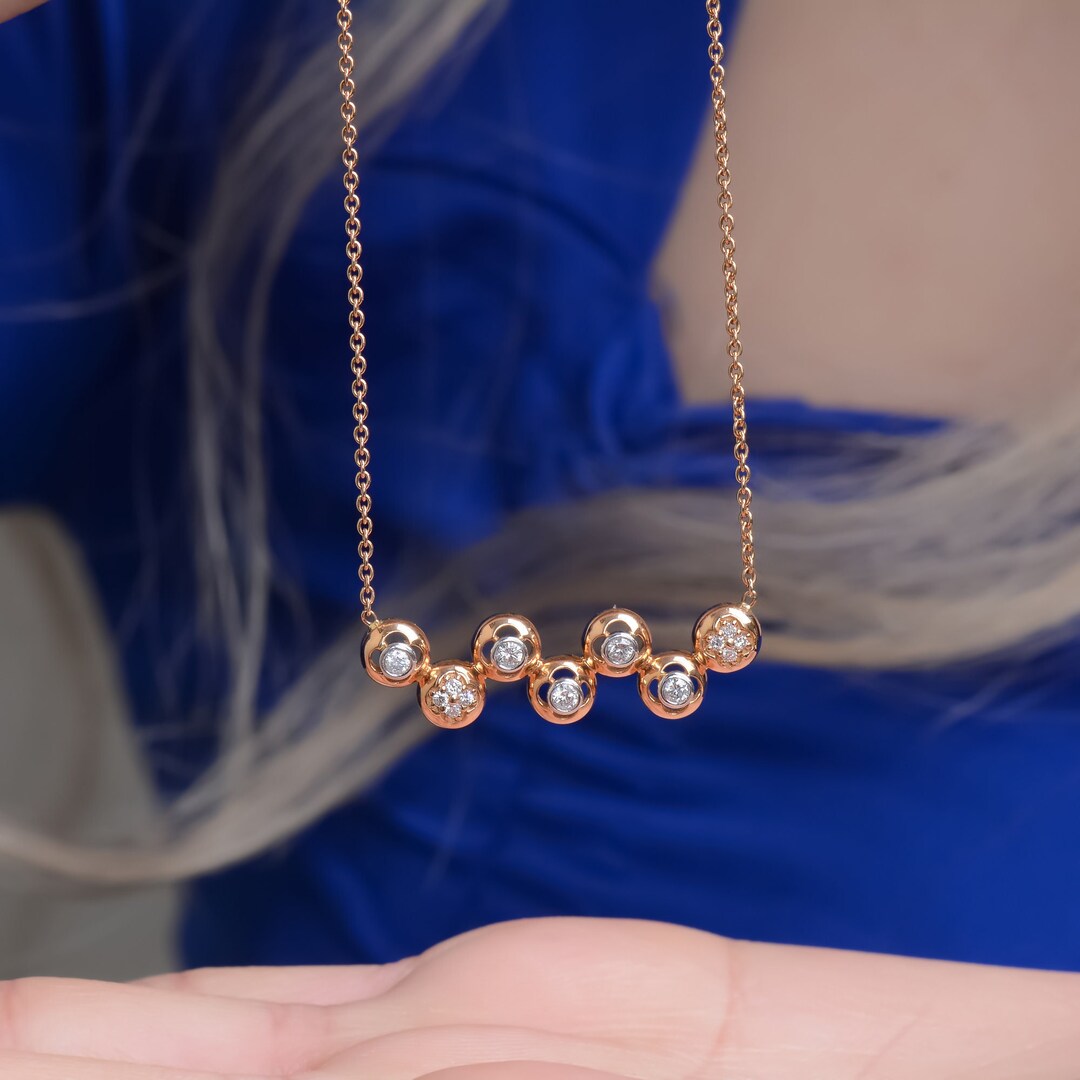 Dainty Gold Diamond Necklace, Custom Solid Gold Five Stone Diamond