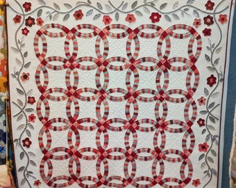 Amish Hand Quilted Circle of Love Quilt, Bordeaux Patchwork