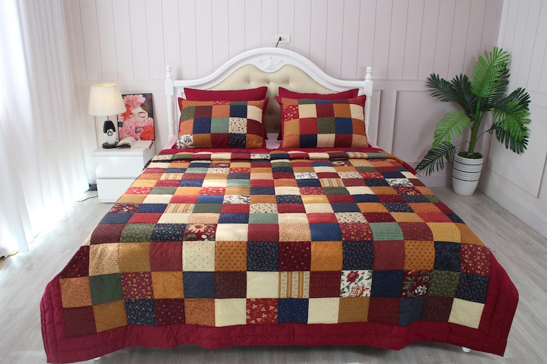 Handmade patchwork cotton, patchwork quilt, hippie bedding bedspread, boho bohemian vintage. Custom any size image 5