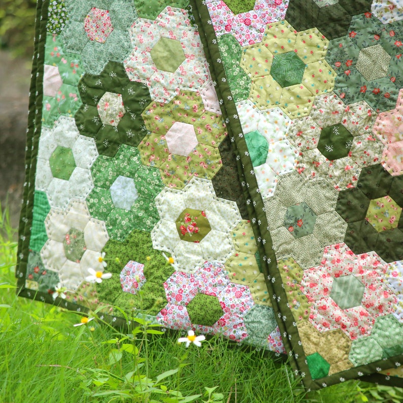 Hexagon Quilt for Sale, Amish Hand Quilted Bordeaux Patchwork