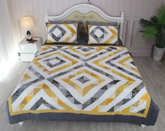 Handmade Geometric Quilt, Custom Cotton Bedding