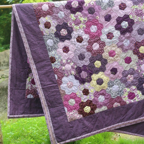 Hexagon quilt for sale, Amish hand quilted Bordeaux patchwork, Grandmother's flower Garden quilt, made to order any size and color