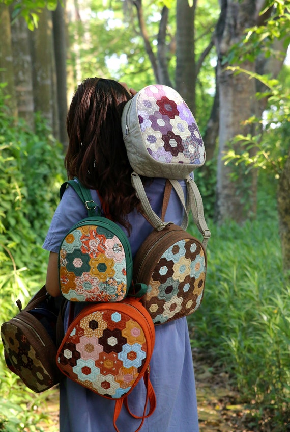fabric mini backpack Beige Hearts quilted straps are 16 long and fully adjustable for a custom fit Handmade Hexagon Quilt Mini Backpack,