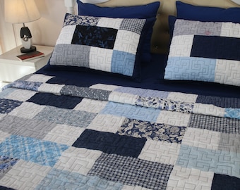 Blue Patchwork Quilt, Handmade Cotton Bedding
