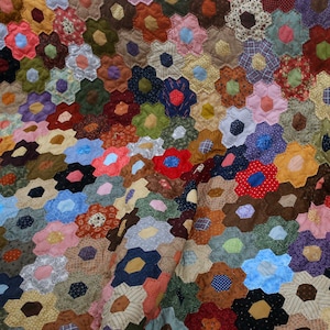 Hexagon quilt for sale, Amish hand quilted Bordeaux patchwork, Grandmother&#39;s flower Garden quilt, made to order any size and color