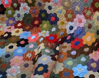 Hand-Quilted Hexagon Quilt: Amish Bordeaux Patchwork, Grandmother's Flower Garden