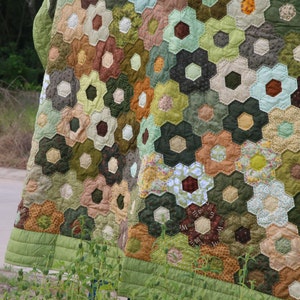 queen quilt , handmade , hand block printed quilt , colourful patchwork , A green hand quilted hexagon blanket