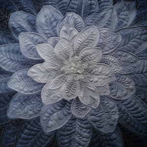 Könnte beinhalten: Ein weißes gestepptes Blumenmuster auf blauem Hintergrund. Das Design ist kompliziert und detailliert, mit vielen Schichten aus Blütenblättern und Blättern.