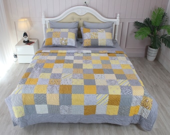 King Size Patchwork Quilt, Cotton Blanket, Handmade Color Quilt, Ready to Ship