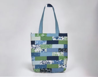 Handmade Quilted Tote Bag, Blue & Green Patchwork Shoulder Bag